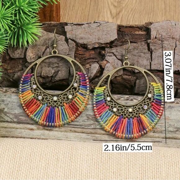 Rainbow threaded Earrings iridescent Stones Bohemian hoop String earrings - Picture 6 of 6